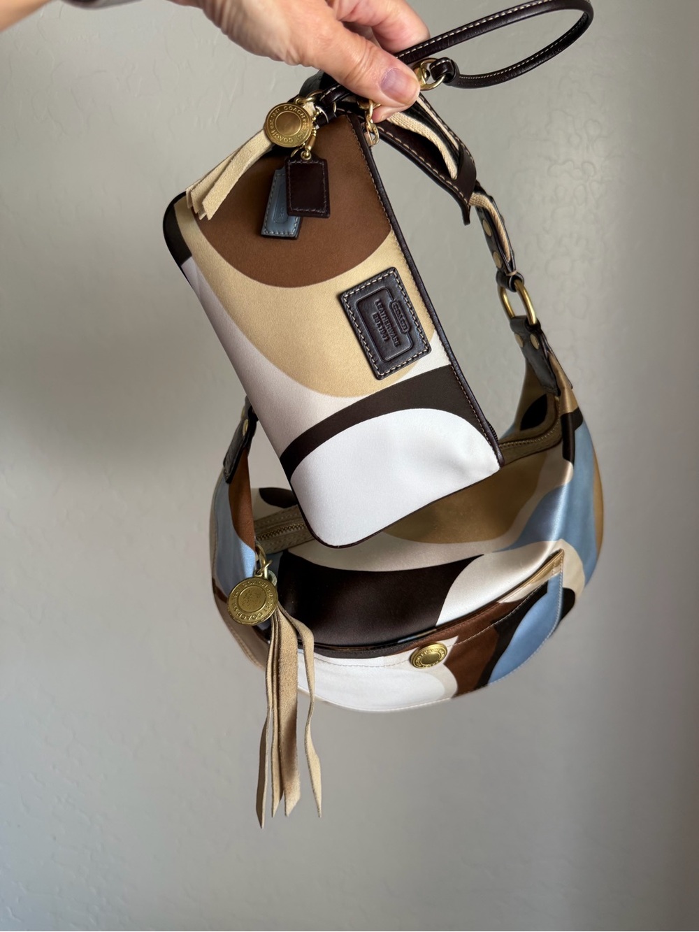 Coach Multicolor Scarf Print Hobo Bag with Wristlet - Brown, Cream, Blue